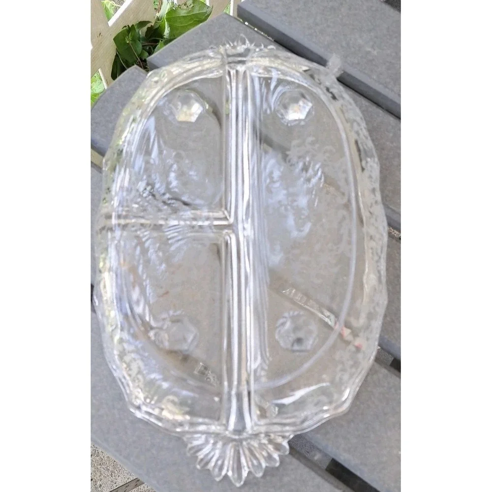 Fostoria Meadow Rose Clear 3 Part Handled Relish Dish Etched Base Heavy No Chips